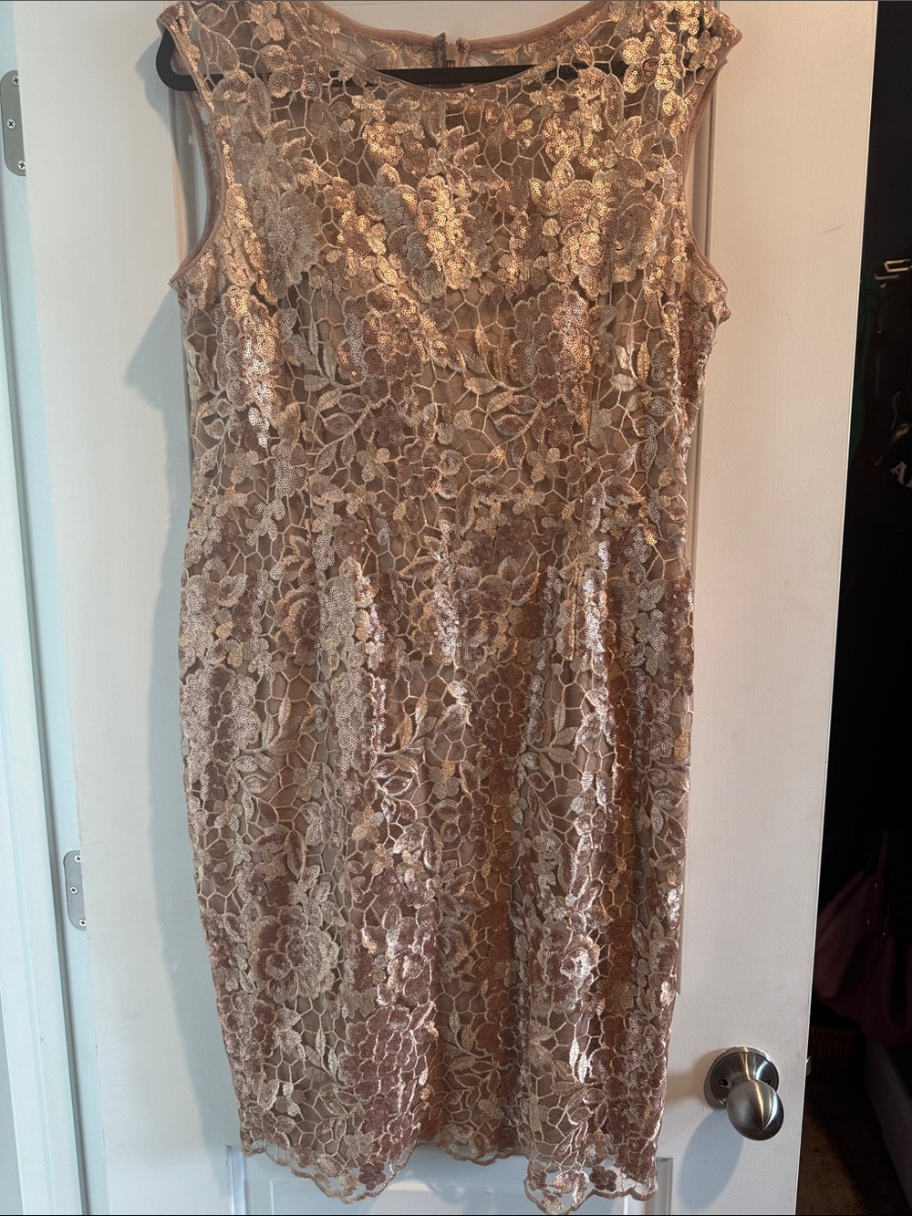 Adrianna Papell Metallic Rose Gold Lace Sheath Midi Dress